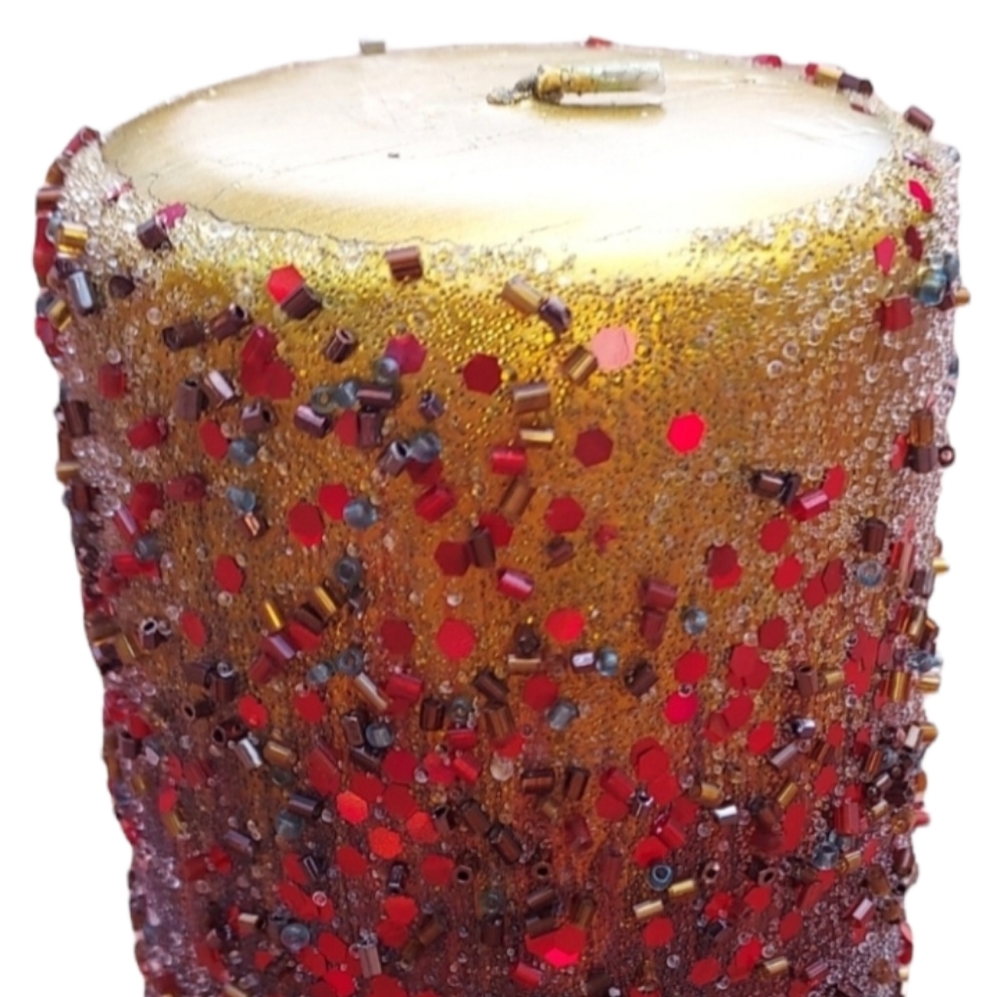 Embellished glitter and beaded decorative pillar candle